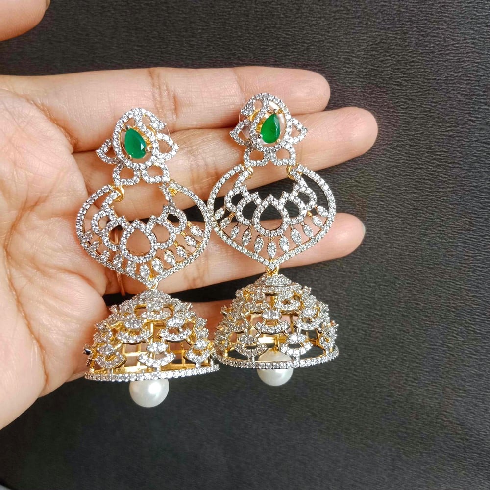 Handmade Brass Metal Jewellery Green Chandbali Jhumkas